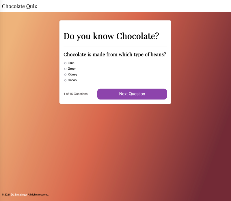 Chocolate Quiz showing first question